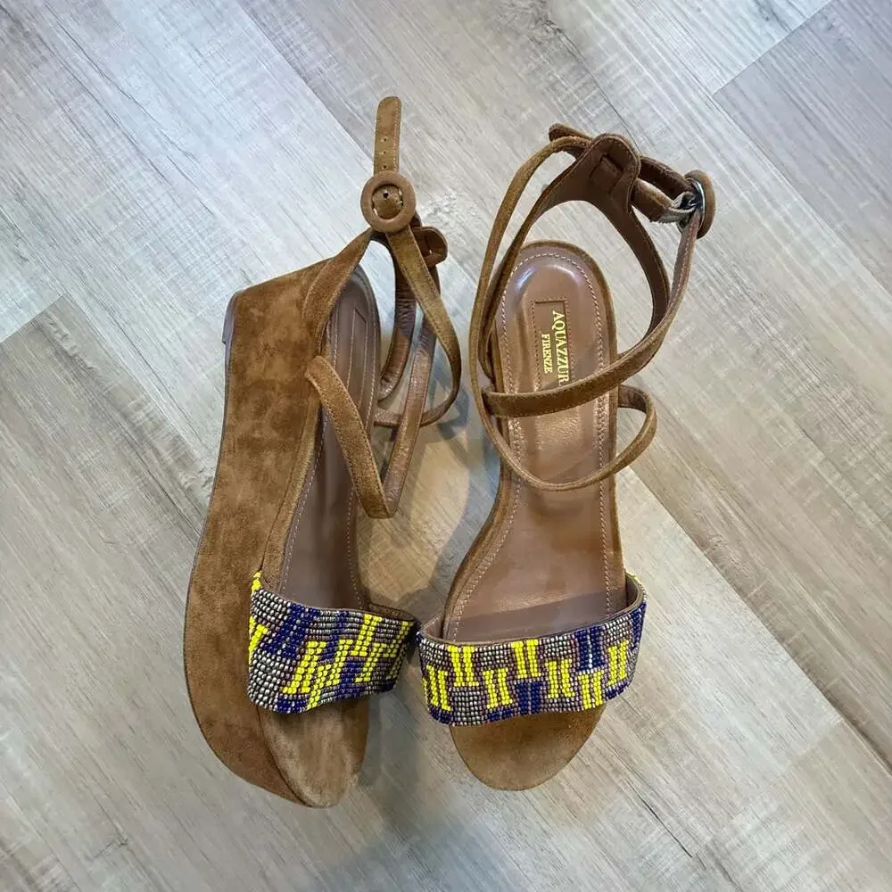 Sandals Aquazzura Firenze Beaded Suede Platform Wedge Sandals Size 38.5